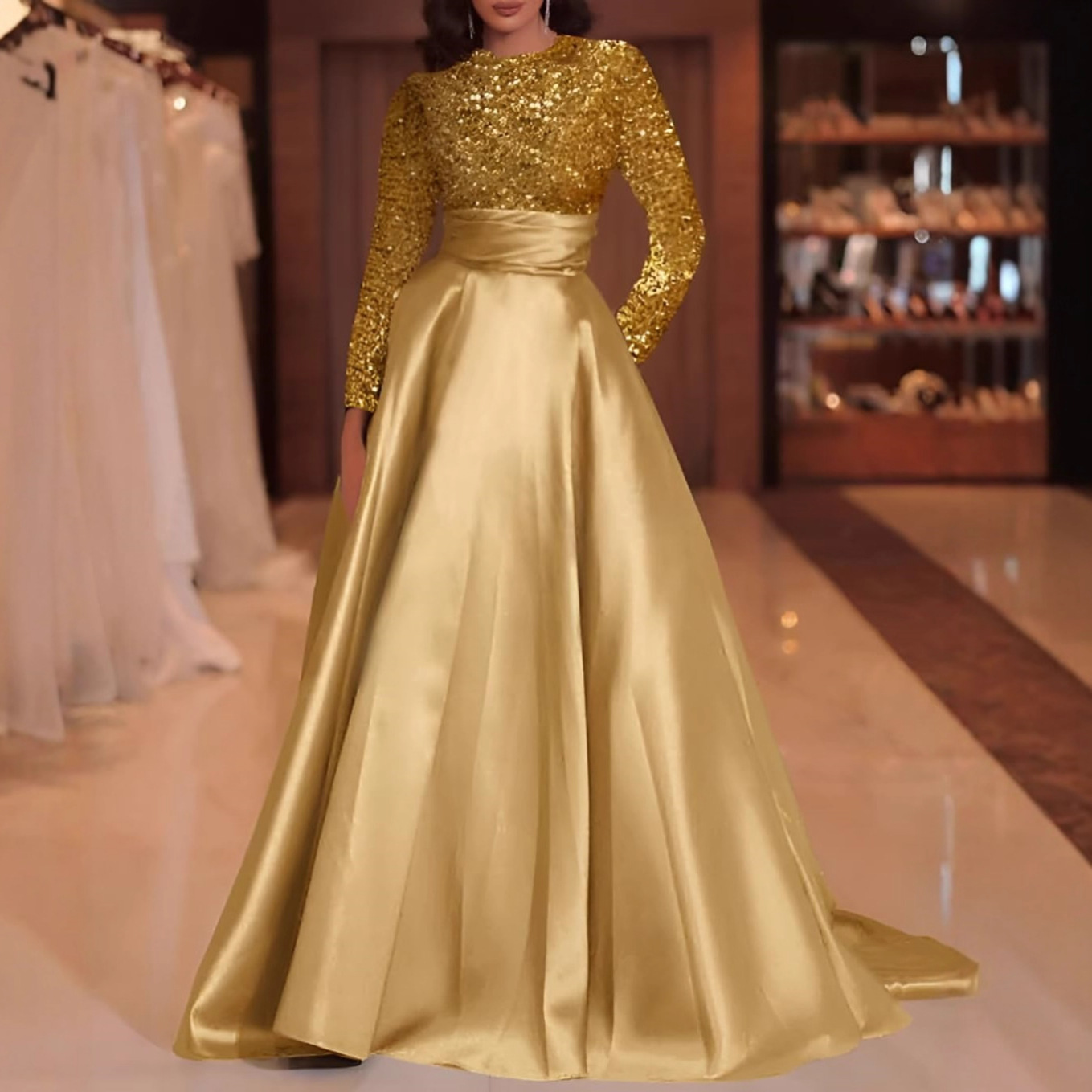 New Sequined Evening Dress European and American Women's Long-Sleeved A-Line Dress 2026 New Birthday Party Women's Dress