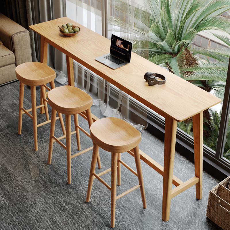 Solid Wood Bar Table and Chairs for Home Use, Natural Wood Color, High-Legged Table, Long Narrow Table, Balcony, Simple Modern Wall-Mounted Table and Chair Set