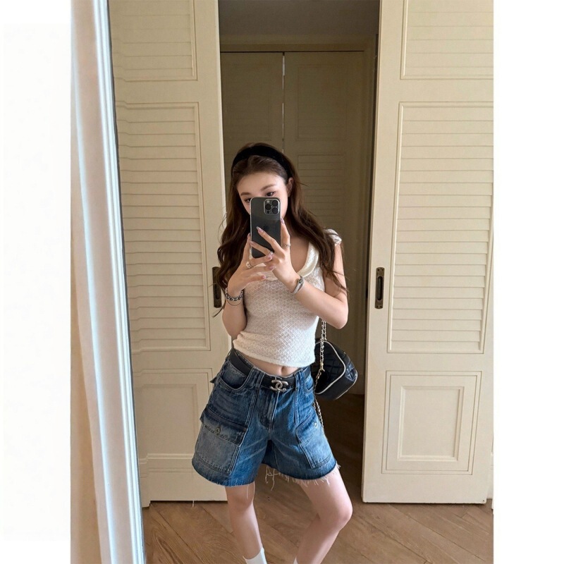 Bankelili' Private Collection! Unique Design Washed Vintage Workwear Denim Shorts