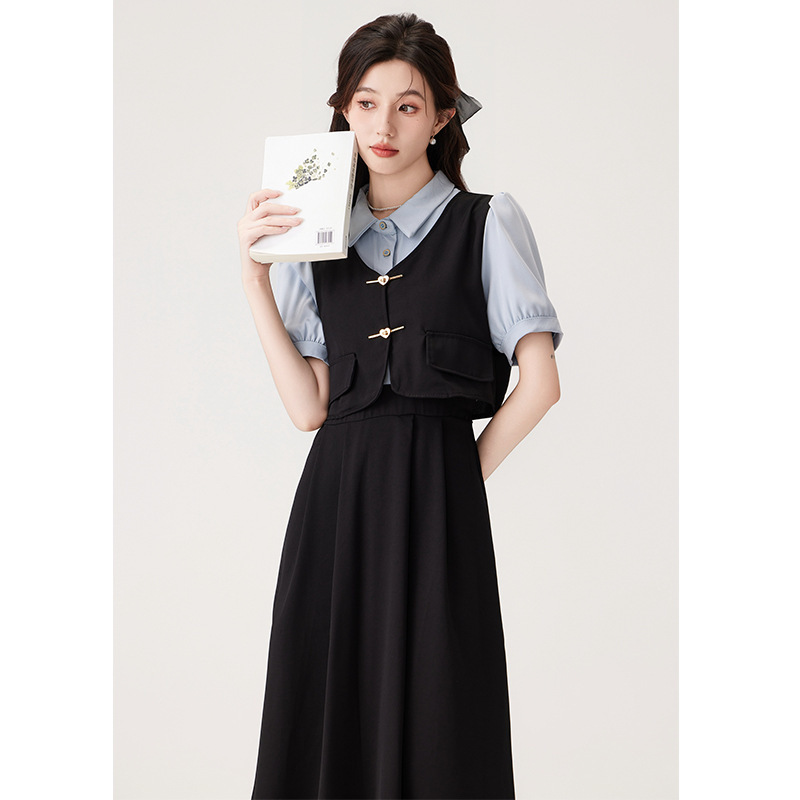 Physical Store Women's Clothing Wholesale Delivery Summer Age-Reducing Student College Style Fake Two-Piece Teaching Qualification Interview Dress Fresh