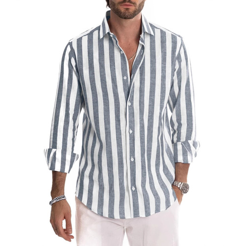 2025 European and American foreign trade spring new men's 3D digital printing striped casual large size long-sleeved shirt for men