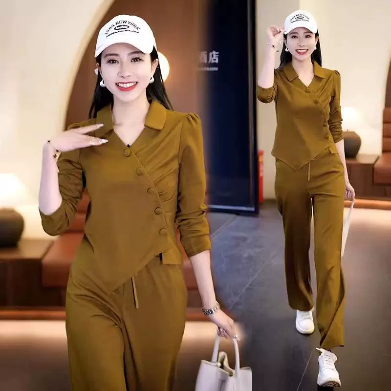 休闲时尚不规则职业运动服套装女春秋季新款减龄直筒阔腿裤两件套