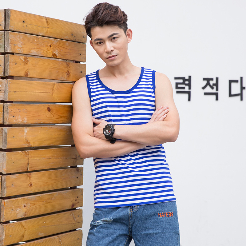 Sea Spirit shirt men's waistcoat crossbody vest sleeveless T-shirt pure cotton sweat-absorbent blue and white striped summer fitness bottoming shirt