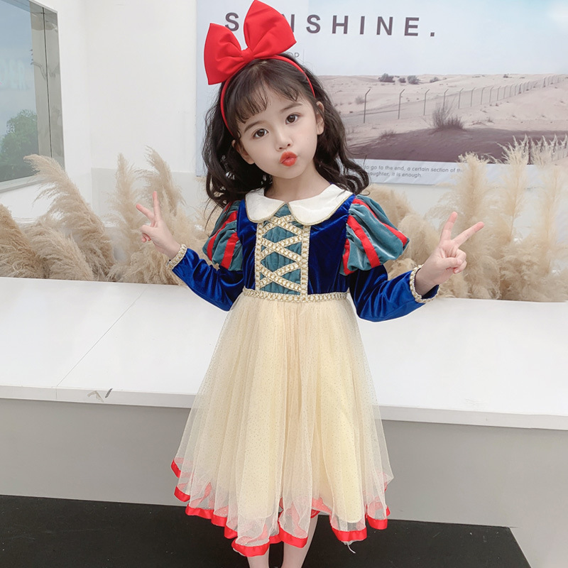 New snow white princess dress gold velvet Elsa flannel dress Christmas frozen children's performance skirt