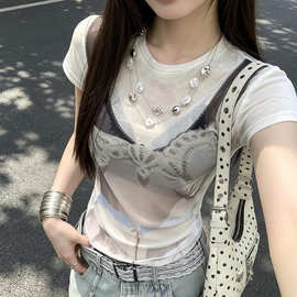 纯欲辣妹白色印花正肩网纱短袖t恤女夏季绝美修身显瘦微透上衣潮