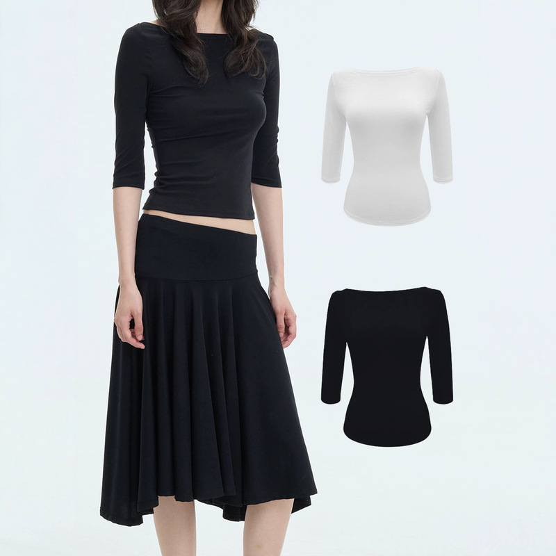 Lyocell Boat Neck Slim Fit Knit Short Sleeve Versatile Solid Color Simple Fashion Slimming Top T-Shirt for Women Lyocell Boat Neck Slim Fit Knit Short Sleeve Versatile Solid Color Simple Fashion Slimming Top T-Shirt for Women