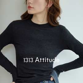 1313绵羊毛混纺深灰打底衫秋女半高圆领套头亲肤修身T恤