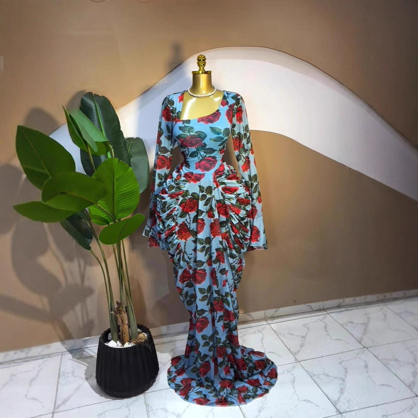 In-Stock 2026 Autumn Cross-Border European and American Women's Long-Sleeve Autumn Printed Mesh Ruched Long Party Evening Dress