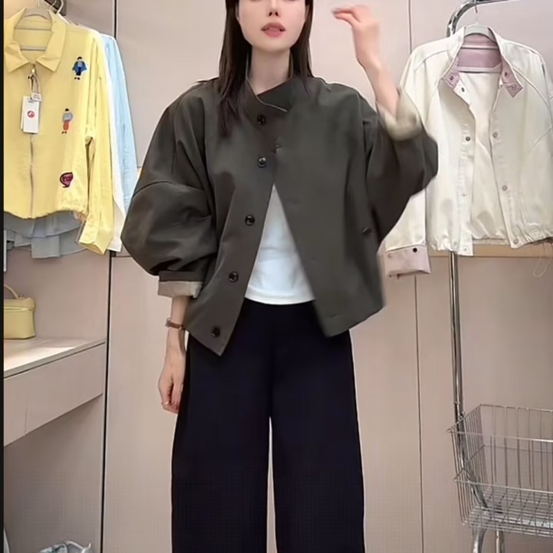 欧货英伦风立领夹克外套女2025新款宽松休闲内里条纹短款风衣上衣|undefined