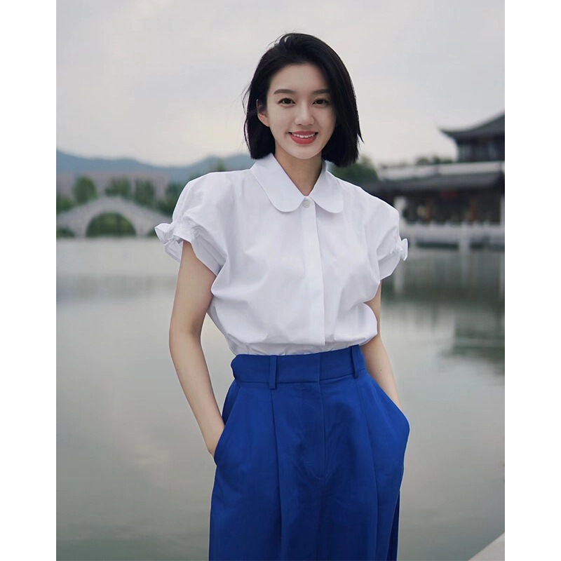 Co*S2026 Spring and Summer New Product Two-Color Doll Collar Ruffled Short-Sleeved Shirt Women's Solid Color Top with Ruffles