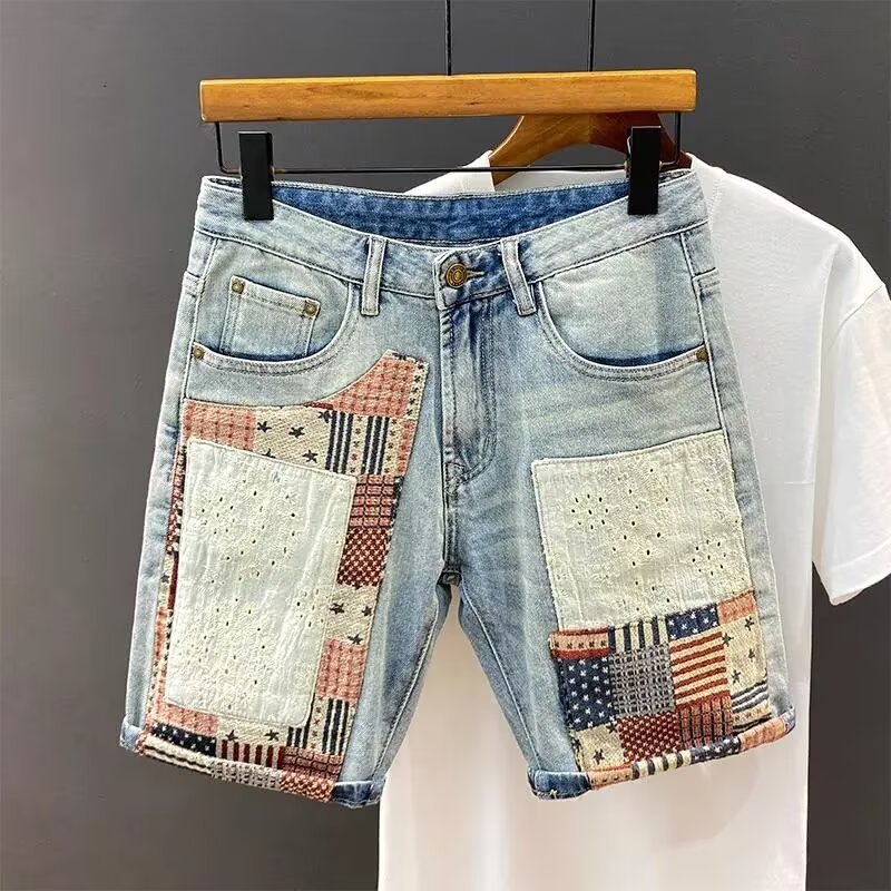 Summer European-Style Printed Embroidered Denim Shorts for Men, Light-Colored Irregular Patchwork Fashion Stylish Mid-Length Shorts