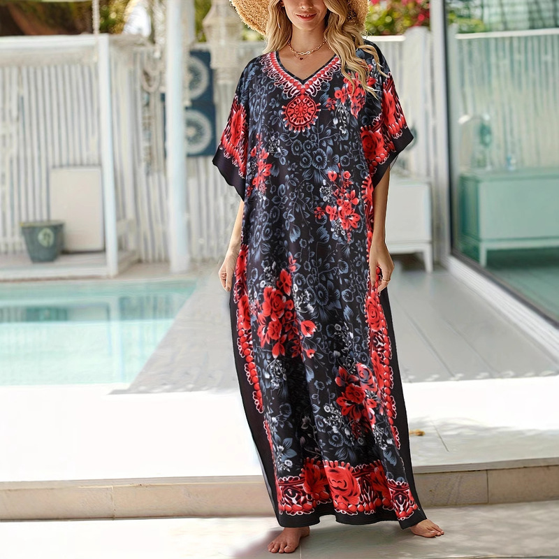 Cross-Border Export Summer New Women's Turkish Style V-Neck Floral Print Loose Long Skirt with Side Slits and Waistband