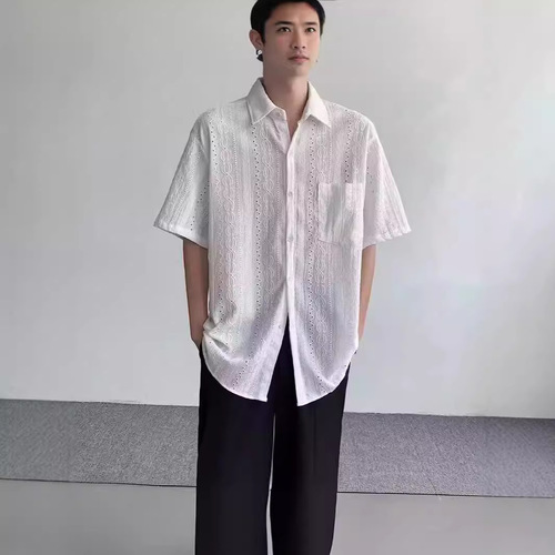 Men's summer casual thin short-sleeved plain shirt, five-point collar, trendy brand, cool style.