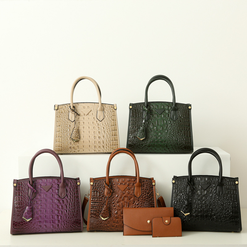 跨境鳄鱼纹三件套手提包女2024新款时尚质感单肩包母亲节送妈妈包