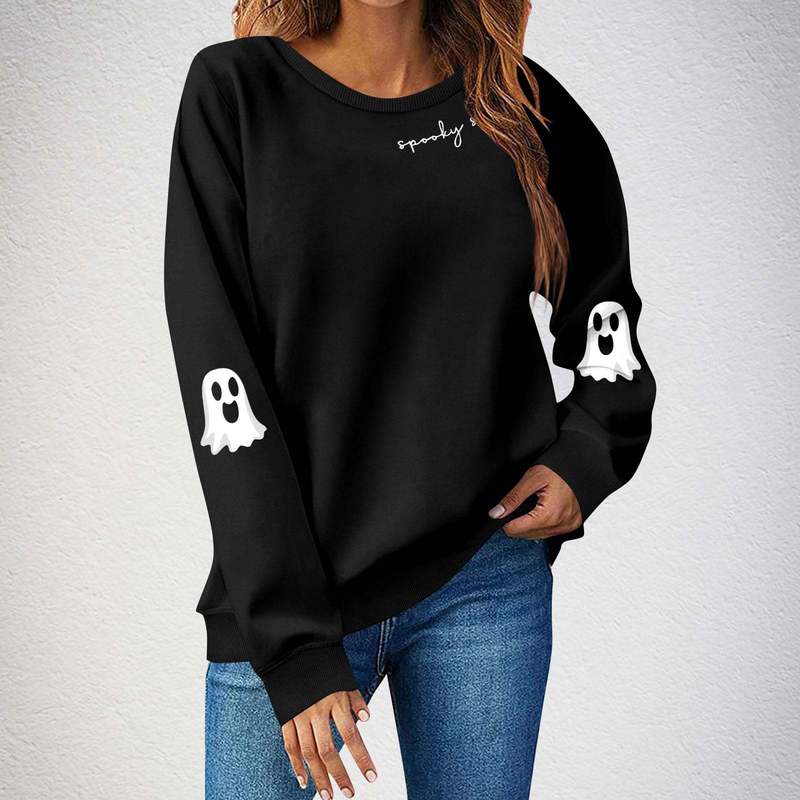Halloween Women's Sweatshirt Pumpkin Season Long Sleeve Graphic Sweatshirts Crewneck Funny Ghost Black Round Neck Tops