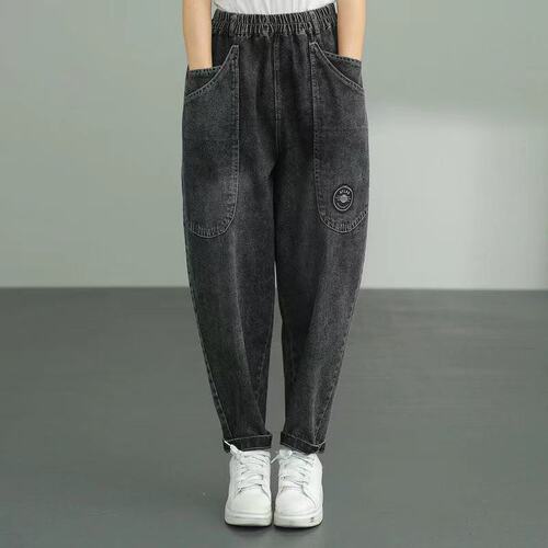 Women's Spring and Autumn New Denim Jeans with Large Pockets, Casual Fat Sister Plus Size Loose Matchy-Halter Pants, Long Pants Trendy