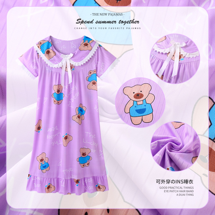 Pijama de niñas verano delgado falda de mangas cortas adorable madre e hija princesa viento pijama infantil bebé ropa para el hogar