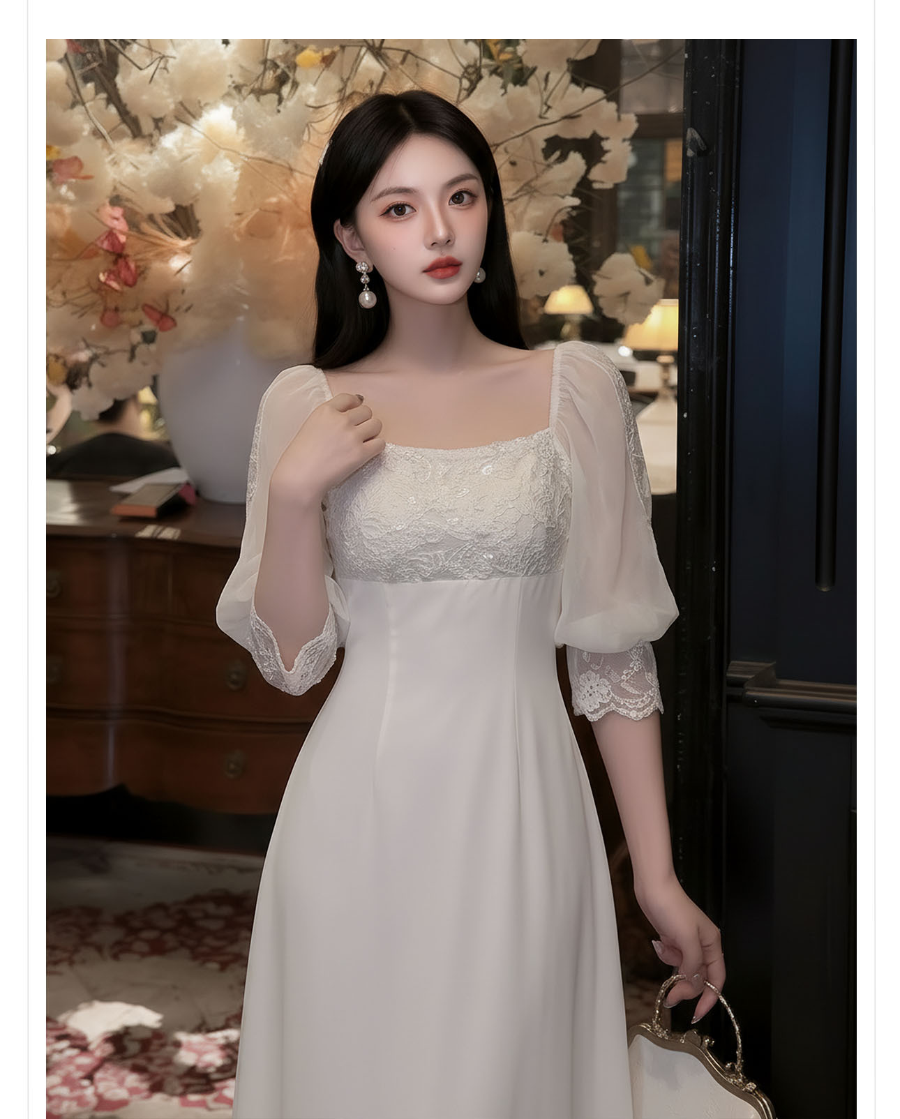 Đầm maxi nữ thắt eo tay dài ren cao cấp phong cách Pháp — màu trắng chi tiết 9