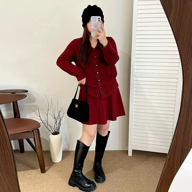 大码女装小香风针织套装2025冬胖mm海军领上衣女半裙两件套23376