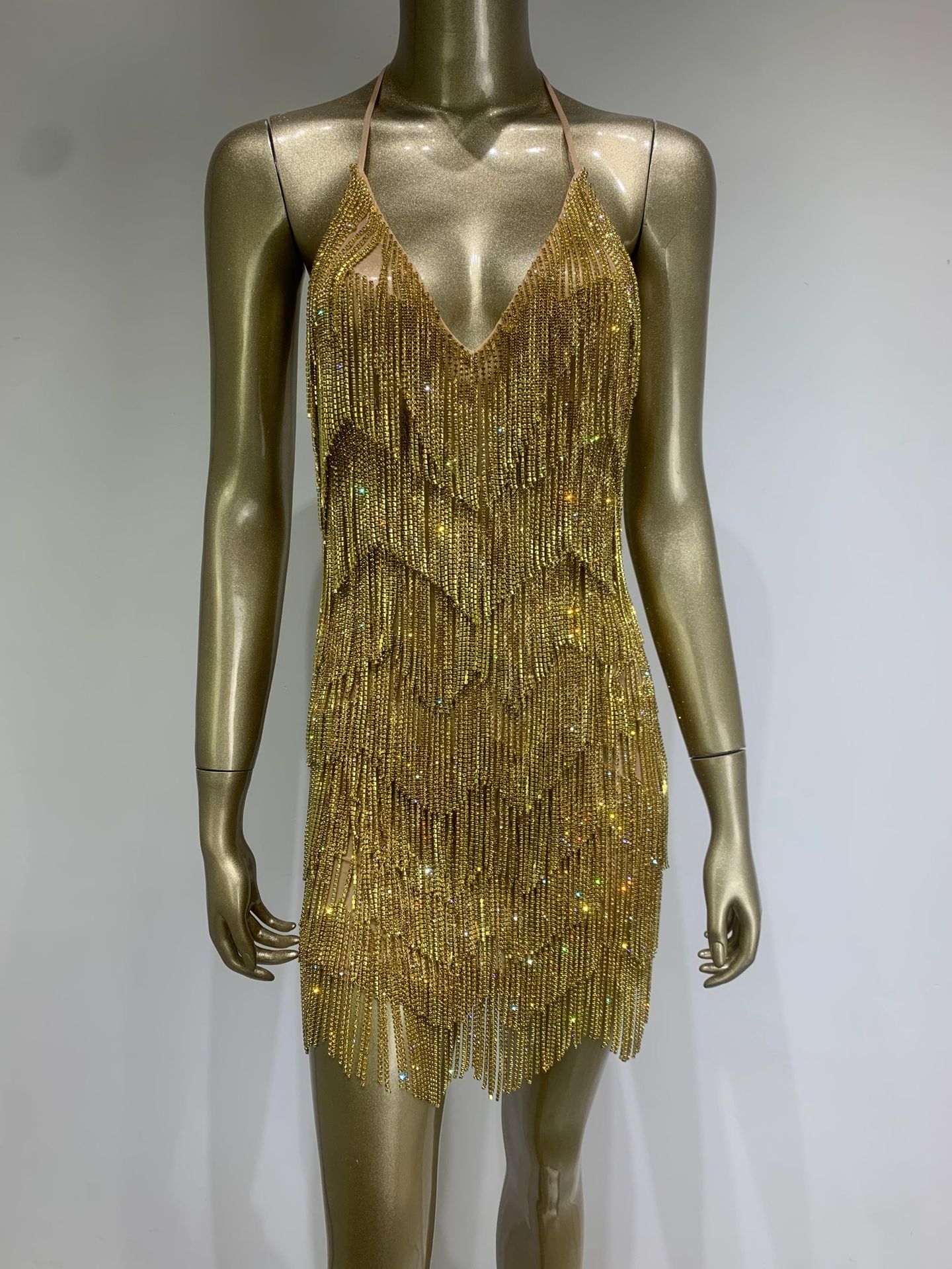 Cross-border New Amazon European and American Sexy Strap V-Neck Sequin Tassel Miniskirt Party Dress