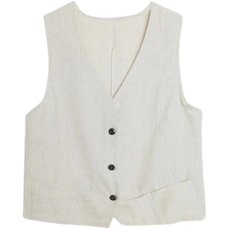 Chaleco de algodón y lino, chaqueta pequeña, verano para mujer 2025, nuevo estilo, chaleco fino, chaleco informal suelto y delgado