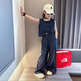 女童仿牛仔国风夏装2025中式盘扣套装新款洋气时髦女中大童二件套