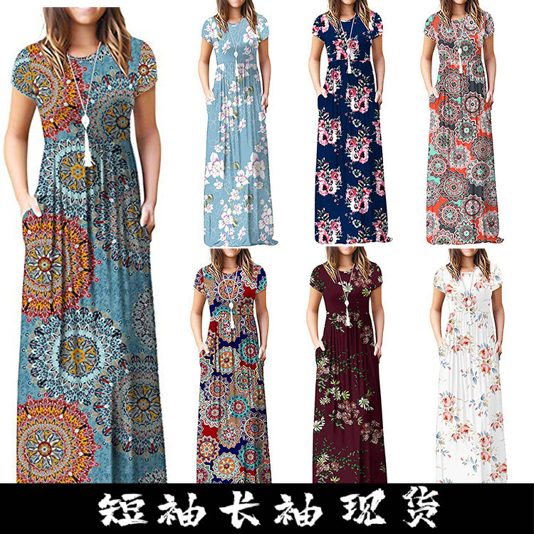 Amazon explosions 2023 spring new printed short sleeve pocket dress dress cross-border in stock dress