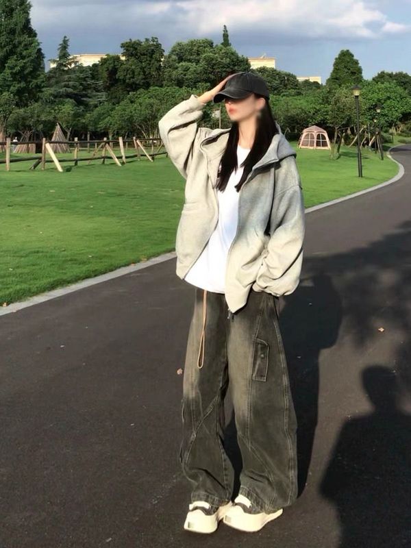 2025新款早秋高冷学姐美式甜酷风连帽卫衣女INS宽松拉链外艺瑾|undefined