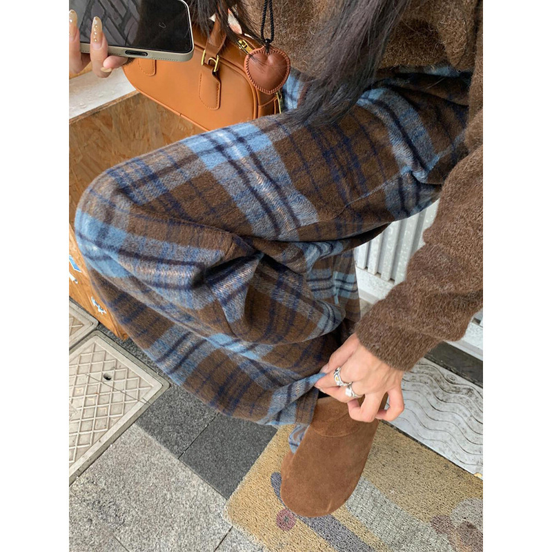 Maternity Blue Woolen Plaid Belly-Support Pants for Pregnant Women, Autumn and Winter Fleece-Lined Straight-Leg Drapey Retro Wide-Leg Long Pants Maternity Blue Woolen Plaid Belly-Support Pants for Pregnant Women, Autumn and Winter Fleece-Lined Straight-Leg Drapey Retro Wide-Leg Long Pants