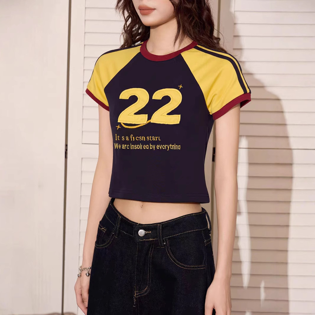 アメリカンコントラストカラーラグランスリーブTシャツレディースサマーホットガールスプライシングスポーツジャージスリムフィットショートトップ