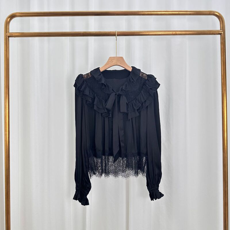 French-Style Design, Niche, Sophisticated, High-End, Chanel-Inspired Black Bow-Tie Collar Lace Hollow-Out Ruffle Shirt French-Style Design, Niche, Sophisticated, High-End, Chanel-Inspired Black Bow-Tie Collar Lace Hollow-Out Ruffle Shirt