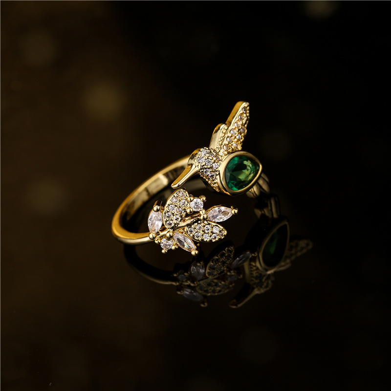 Retro copper micro-inlaid dove shape open ring