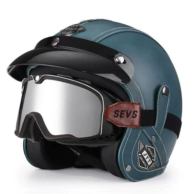 Retro Helmet Men's and Women's – Motorcycle Safety Supplies - 555-leather-helmet-blue-large-frame-goggles-silver-mirror-s