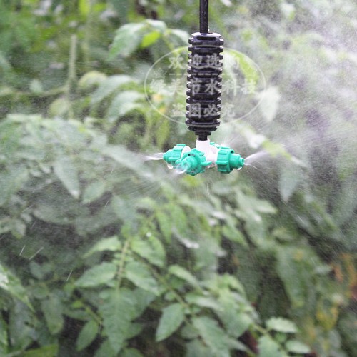 Microaspersor atomizador verde en forma de cruz, dispositivo antiderrame, invertido de 40 cm, aspersor colgante para refrigeración y humidificación de invernaderos, desmontable con cuatro salidas.