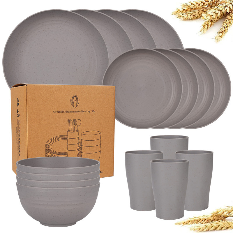Cross-Border Popular Dishware Set, 16-Piece Tableware Set, Gray Wheat Straw Dinner Plates, Bowls, and Cups Set
