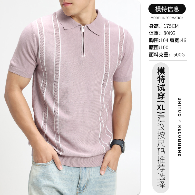 Transfronterizo de hombre hielo hombre polo camiseta de manga corta media cremallera estriada de negocios de alto nivel camiseta de verano hombre