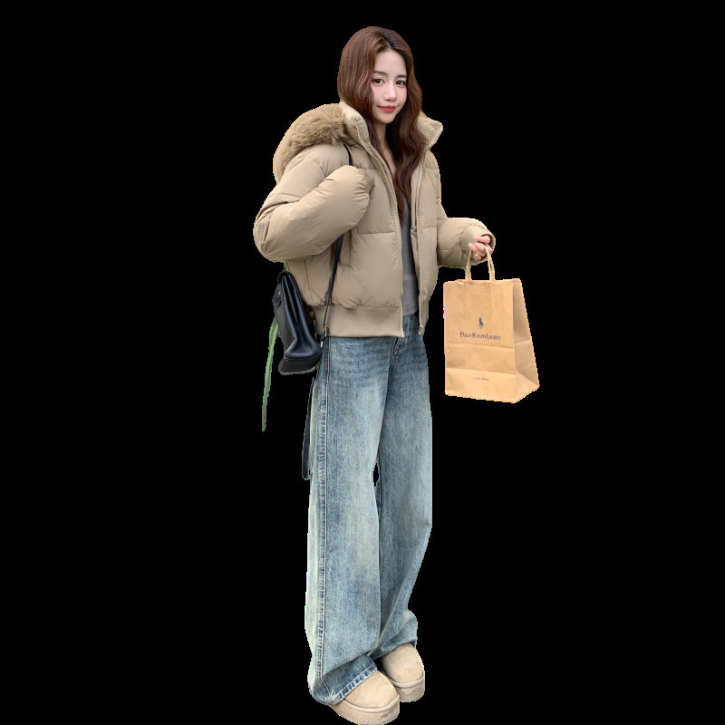 2025小个子新款收腰版羽绒棉服女冬季短款白色修身可拆卸毛领外套|undefined