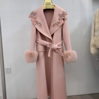 新款冬季带钻重工狐狸毛双面羊绒大衣女中长款毛呢皮草大衣