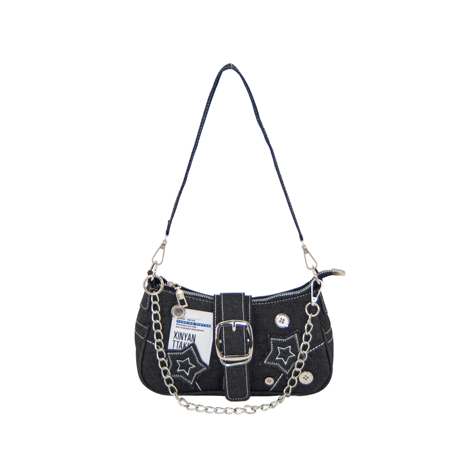 新款时尚个性千禧辣妹y2k辣妹黑色星星牛仔腋下包小众斜挎链条包