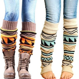 Cross-Border Bohemian Style Knitted Thickened Woolen Pile Socks for Women Mid-Length Color-Blocked Boot Covers and Leg Covers