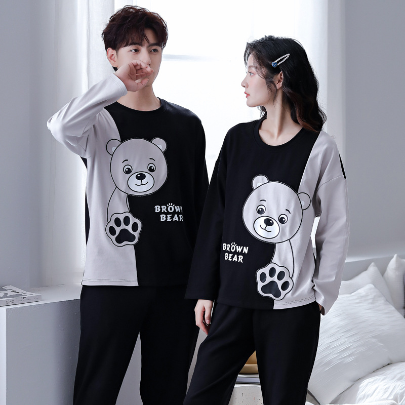 Spring and Autumn Couple Pajamas Spring and Autumn Pure Cotton Long Sleeve Korean Style Cartoon Men's and Women's ins Fashionable Fashionable Home Clothes Suit