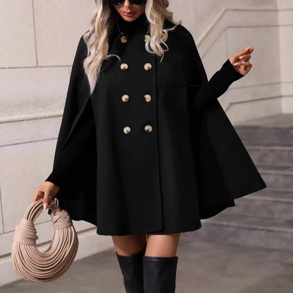 女式斗篷毛呢外套秋冬季亚马逊欧美女装新款英伦风双排扣呢子大衣
