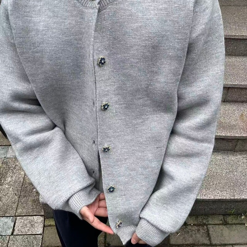 Cross-Border Old Money Style Jersey Gray Rhinestone Button Sweater Cleanfit Vibe Old Money Knit Cardigan Jacket