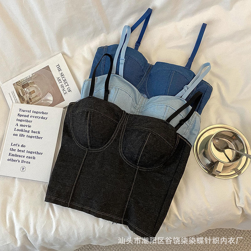 Retro Distressed Denim Vest Suspender Women's Summer Outer Wear Backless Black Top Lace Splicing Chest-Wrapped Bottoming Shirt