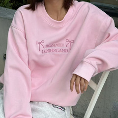 秋季新款欧美跨境休闲时尚简约刺绣宽松粉色圆领卫衣女