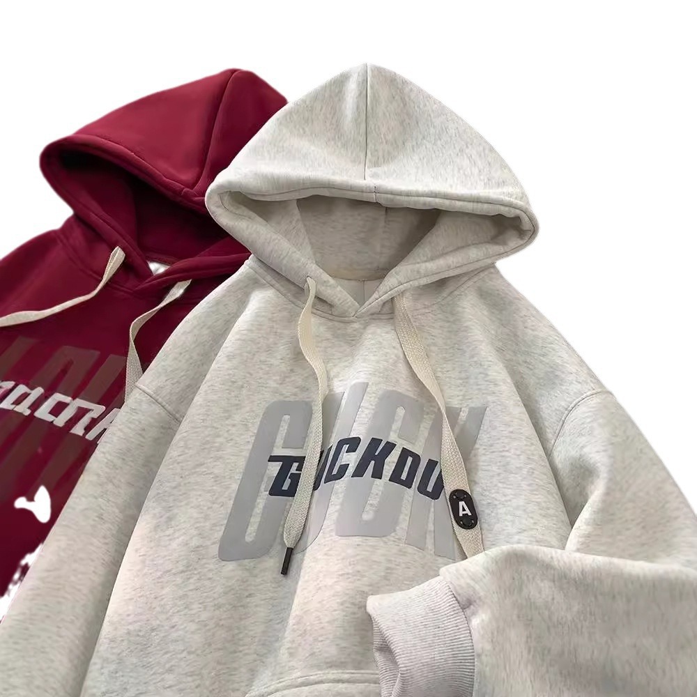 헤비 스티프 후드 스웨트셔츠 남성 봄 가을 미국 트렌디 브랜드 청소년 가을 겨울 와인 레드 플러스 벨벳 후드 재킷