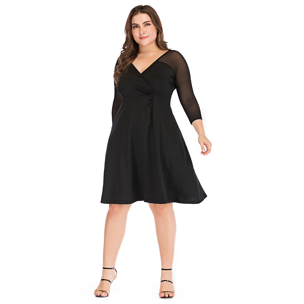 V-neck plus size pure color mesh stitching dress nihaostyles clothing wholesale NSJR84248