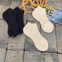 肌理感复古原棉粗针点胶防掉船袜日系双针粗旷竹节棉并线厚款棉袜