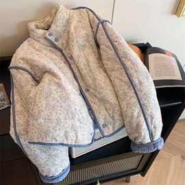 蓝色小碎花灯芯绒拼接棉服外套女2025冬季新款保暖慵懒风韩版上衣