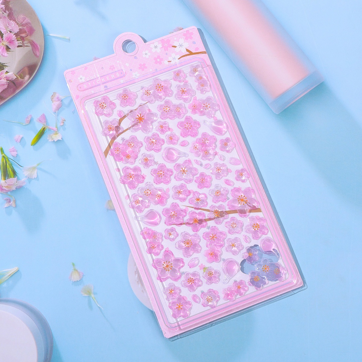 Envasado exquisito flor de cerezo japonesa 3D pegatinas en relieve estereoscópico dibujos animados para niños adorable decoración pegatinas de cristal estampado